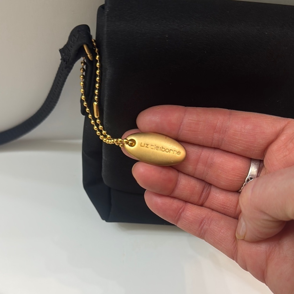 Liz Claiborne Elegant Black Crossbody Bag. Gold colored accents. Skinny strap. - Picture 9 of 9